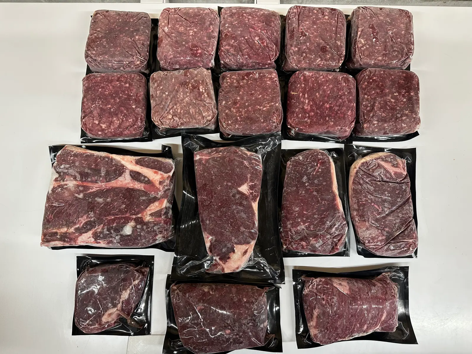 20 lb Piedmontese beef family bundle — ground beef, chuck and sirloin roasts, ribeye and NY strip steaks from Spring Lake Cattle, Rupert Idaho