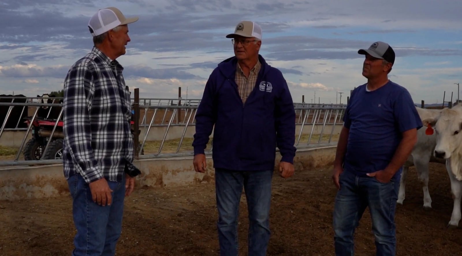 The three Spring Lake Cattle owners standing at the feeder pen at dusk